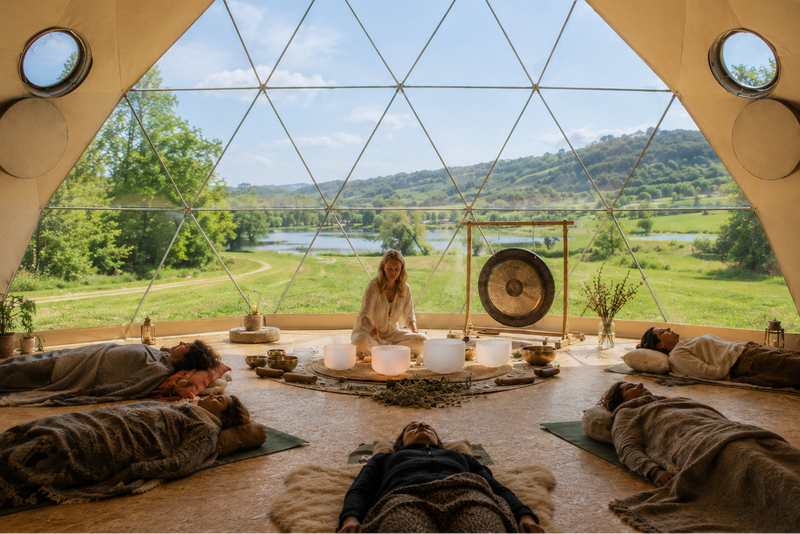 A serene indoor meditation or therapy session takes place inside a geodesic dome with a large outdoor view. A woman sits cross-legged at the center with white bowls and candles, while several people lie on mats on the floor in the surrounding space.